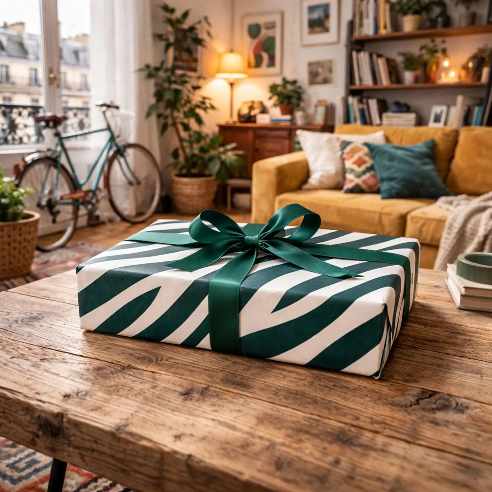 Cadeau d'un puzzle 1000 pièces design français ZEBRESQUE emballé dans un emballage premium à rayures de zebre vertes et blanche dans un salon parisien.
