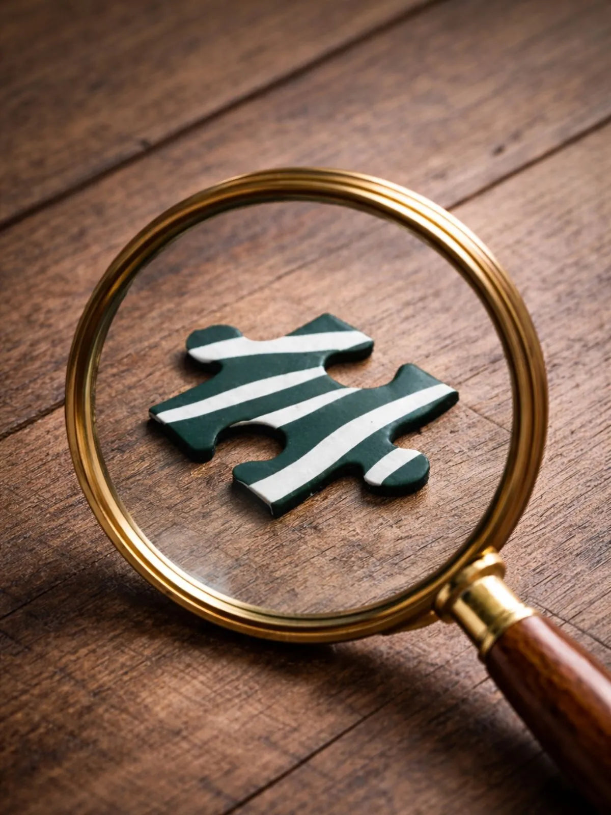 Pièce de puzzle motif zèbre observée à la loupe, exigence et qualité d’un puzzle adulte fabriqué en France
