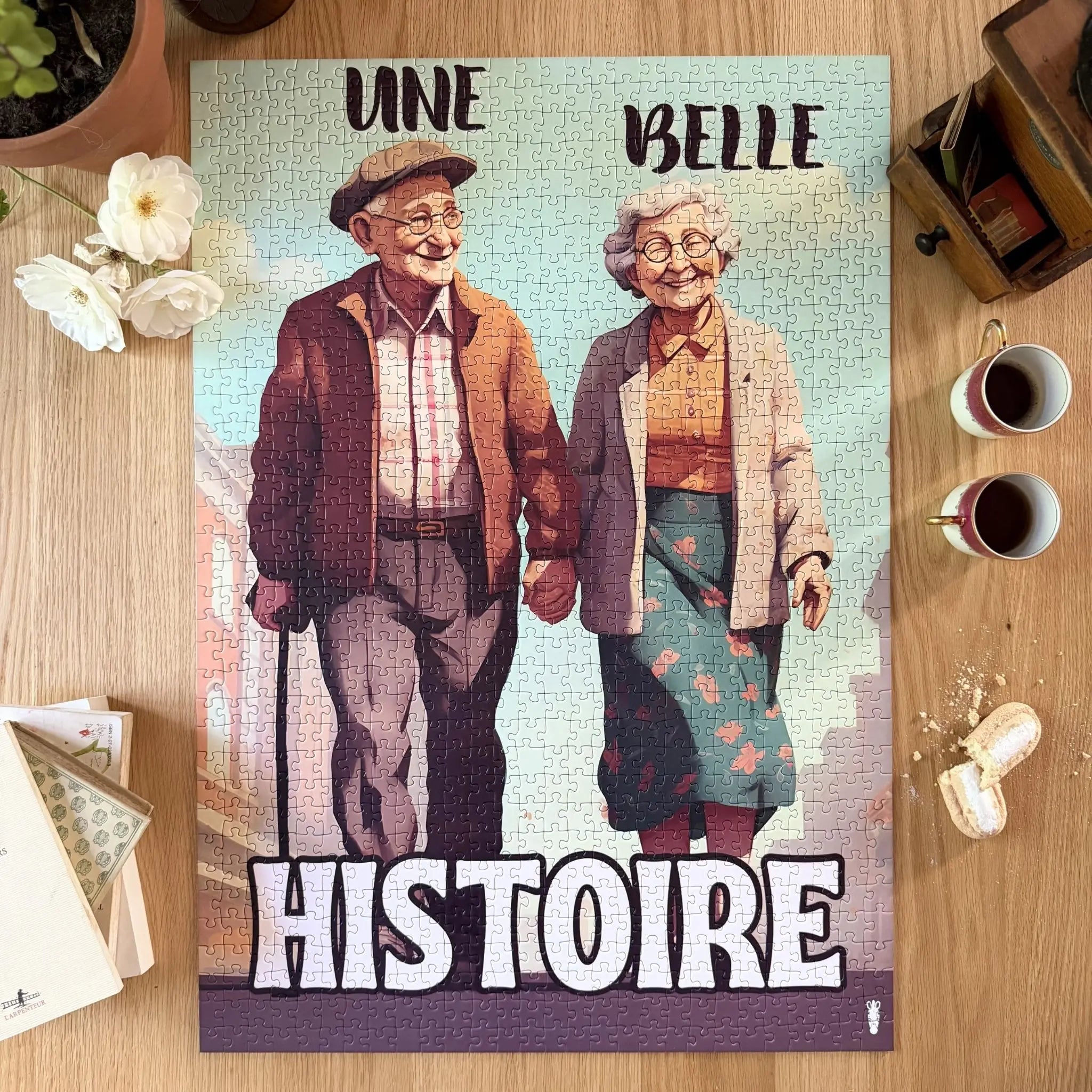 Puzzle adulte 1000 pièces ZEBRESQUE “Une belle histoire” représentant un couple de personnes âgées marchant main dans la main. Une illustration tendre et poétique dans une ambiance chaleureuse et nostalgique.