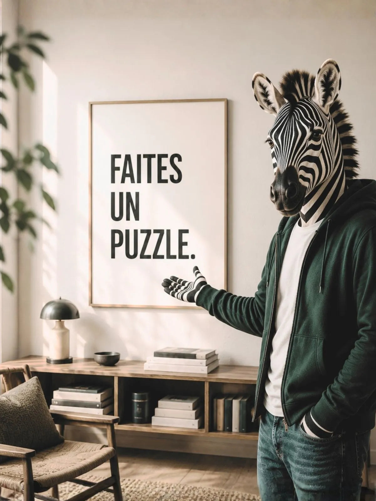 Mascotte zèbre ZEBRESQUE devant une affiche « Faites un puzzle » dans l'univers de la marque française de puzzles adultes fabriqués en France.