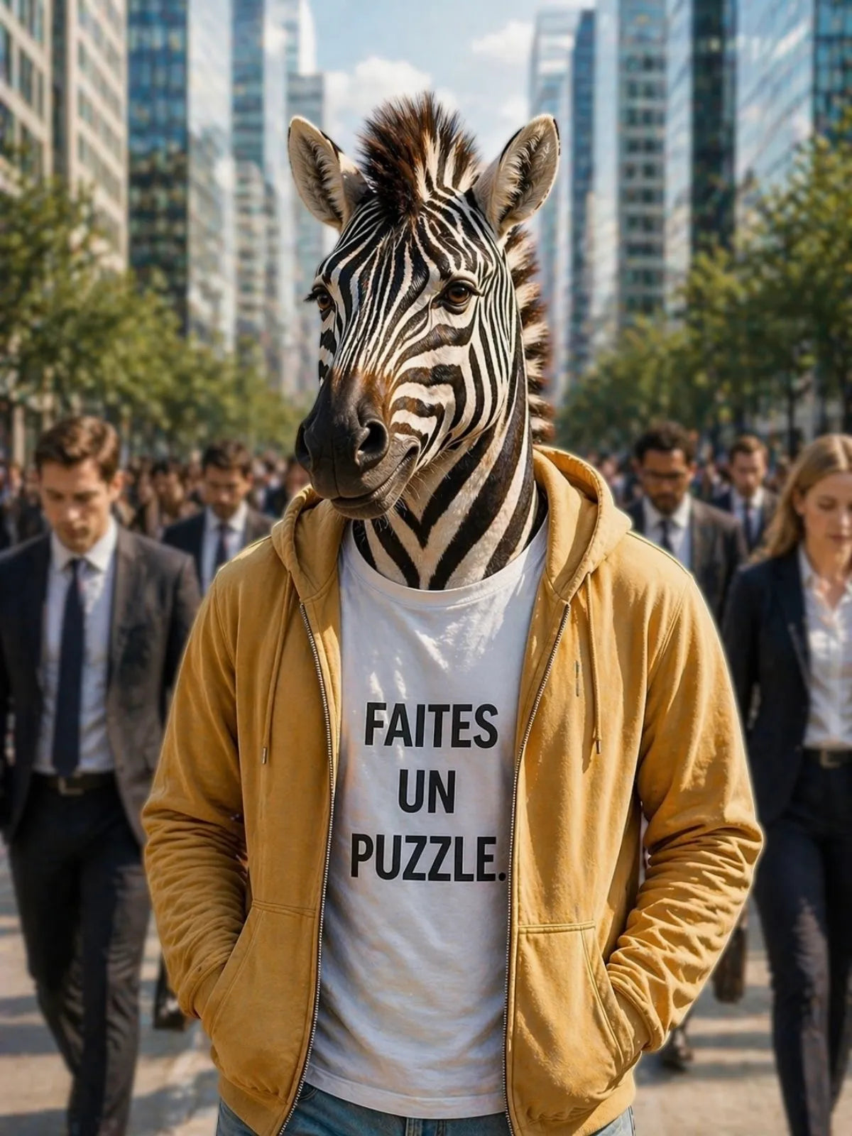 Personnage à tête de zèbre marchant à contre-courant dans une foule en ville, symbole d’une pensée différente et indépendante, en lien avec l’univers ZEBRESQUE et les puzzles adultes.