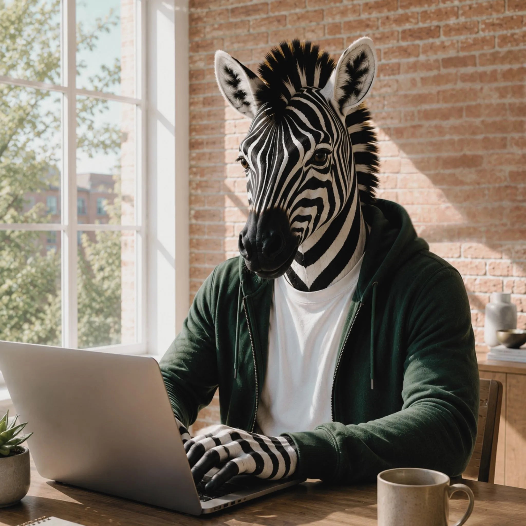 Mascotte de la marque de puzzle adulte ZEBRESQUE travaillant sur un ordinateur, illustration du service client réactif pour des puzzles adultes originaux de 1000 pièces fabriqués en France, conçus pour favoriser la déconnexion, les moments de calme ou à offrir comme idée cadeau originale.