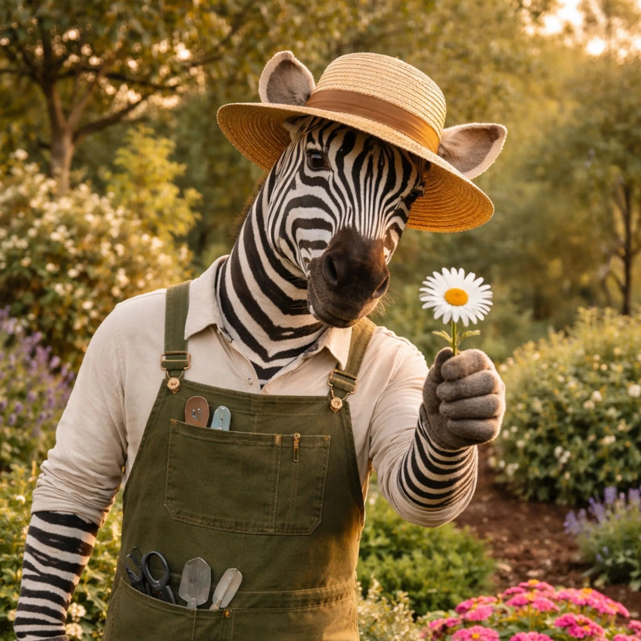 Zèbre ceuillant une fleur issue d'une carte à planter ensemencée au graines de papeterie écologique et originale et créative dans son jardin de la marque de puzzle zebresque fabriquée en France