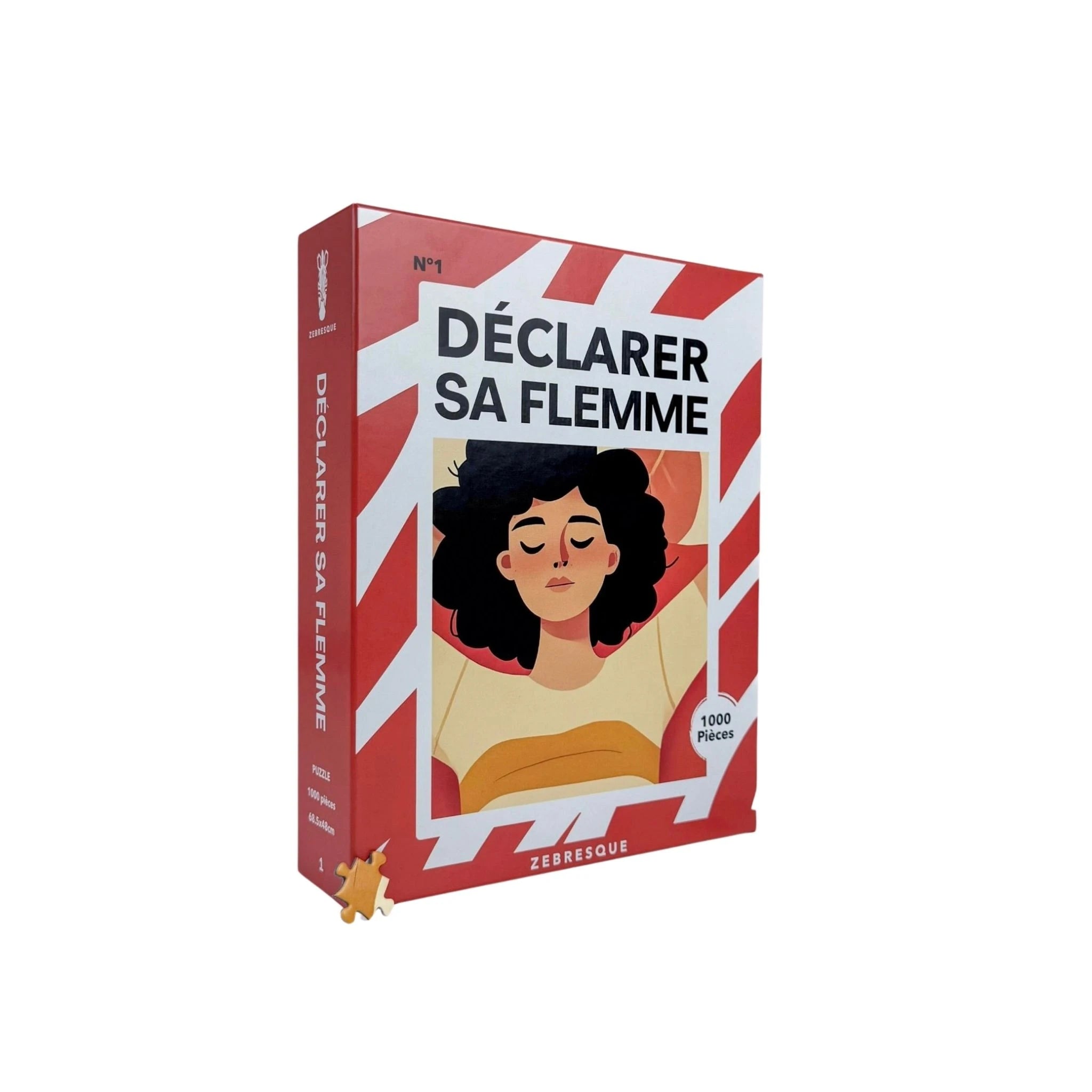 Boîte du puzzle adulte 1000 pièces ZEBRESQUE « Déclarer sa flemme » fabriqué en France avec illustration féminine d'une femme qui se repose et des rayures rouges et blanches de zebre