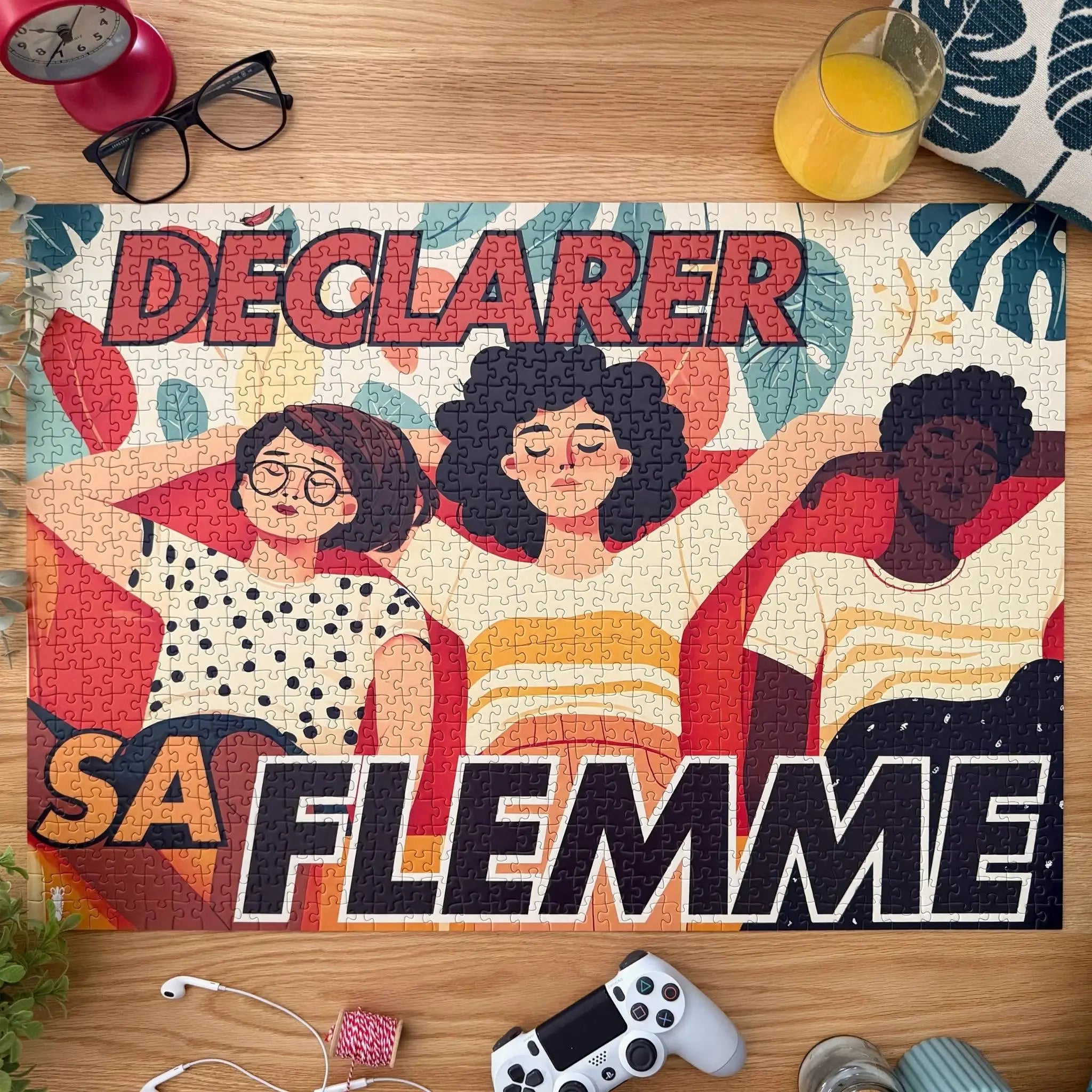 Puzzle adulte 1000 pièces ZEBRESQUE « Déclarer sa flemme » posé sur une table en bois avec illustration graphique de trois femmes qui décident délibérément de ne rien faire, entouré d’objets du quotidien dans une ambiance calme et sans écran