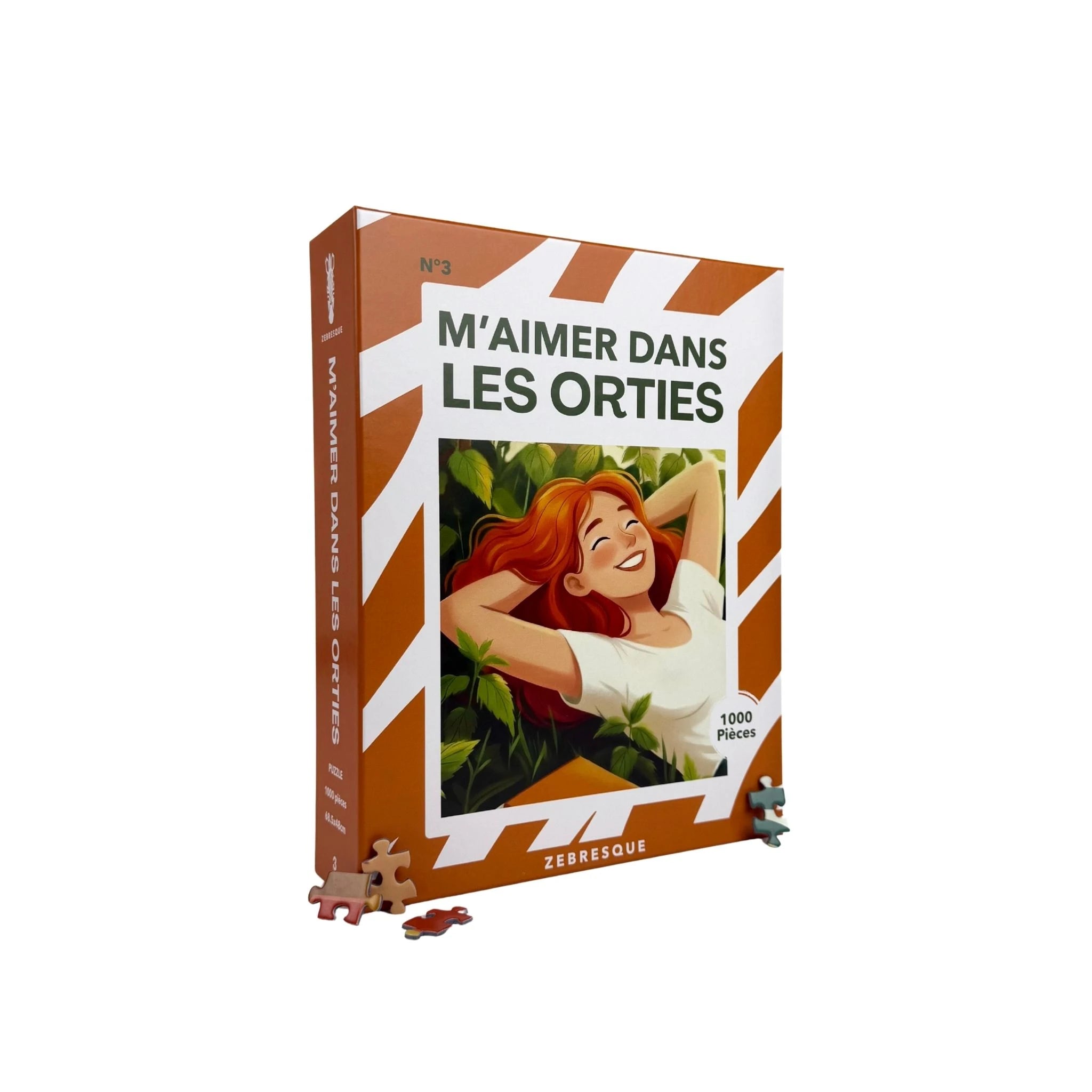 Boîte du puzzle adulte 1000 pièces ZEBRESQUE « M’aimer dans les orties » fabriqué en France avec illustration d’une femme rousse allongée dans la nature