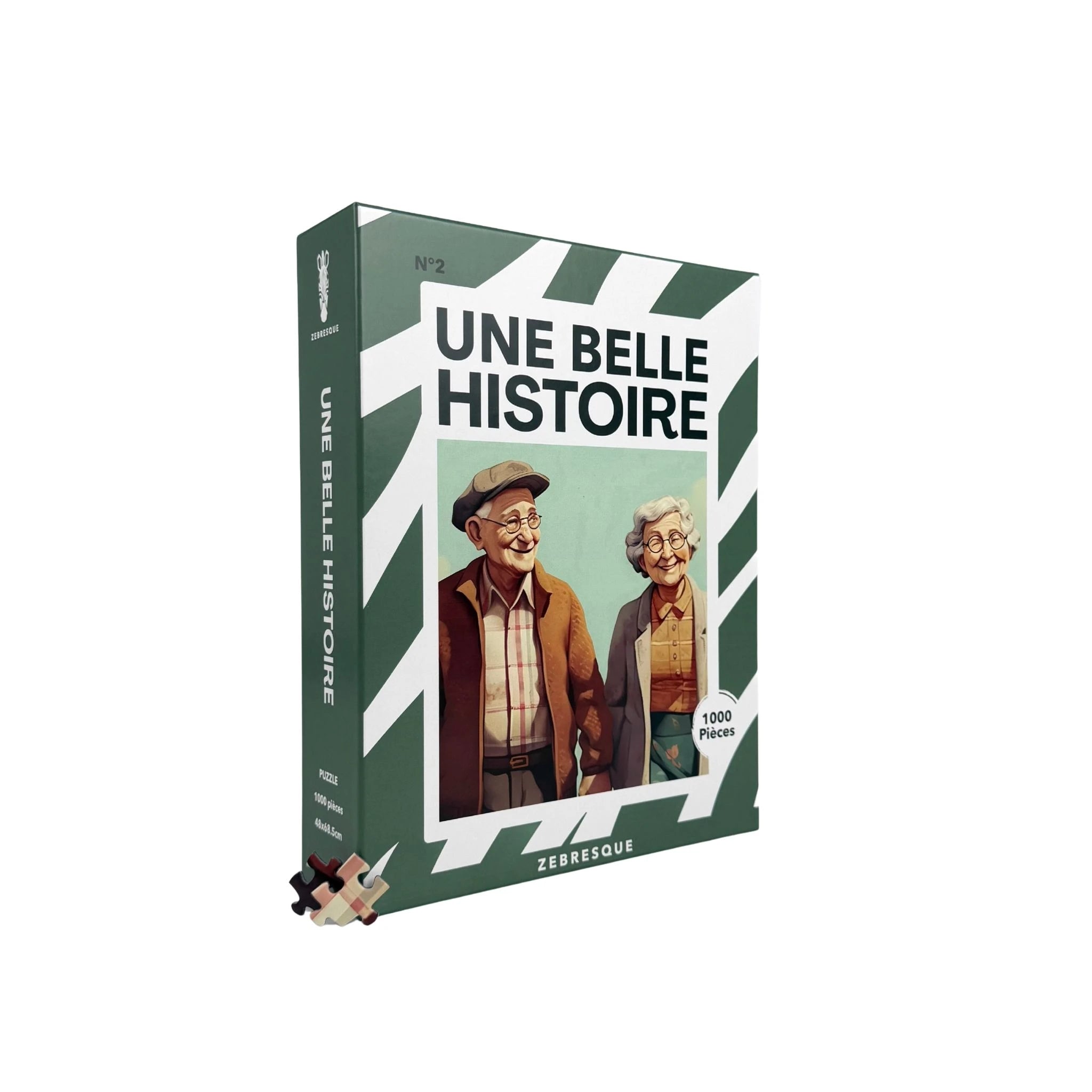 Boîte du puzzle adulte 1000 pièces ZEBRESQUE « Une belle histoire » fabriqué en France avec illustration vintage d’un couple âgé amoureux et souriant