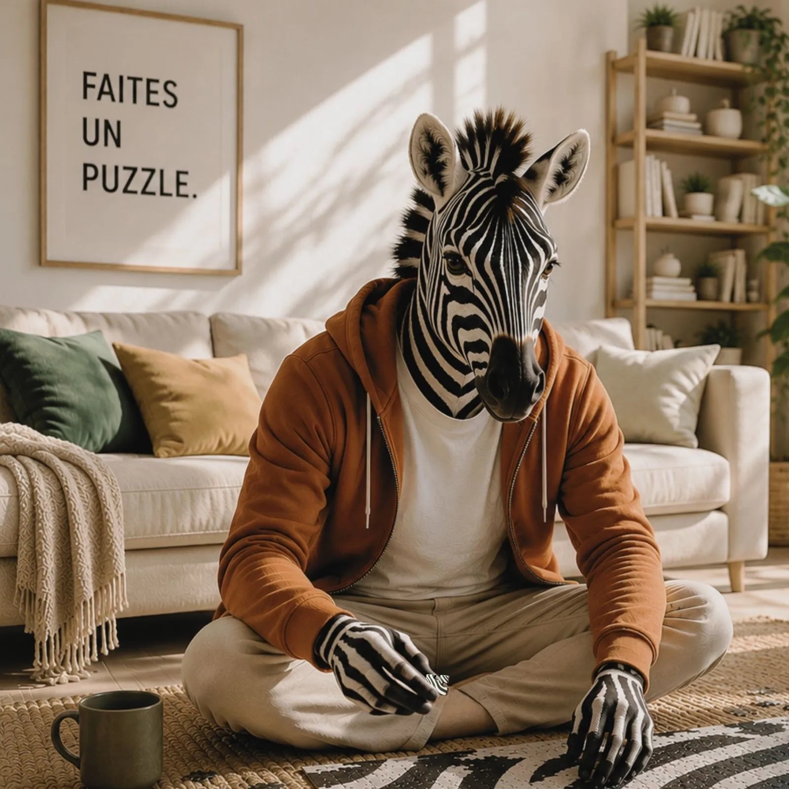 Personnage zèbre absorbé par un puzzle adulte dans une ambiance calme et chaleureuse, illustrant le plaisir addictif des petits progrès.