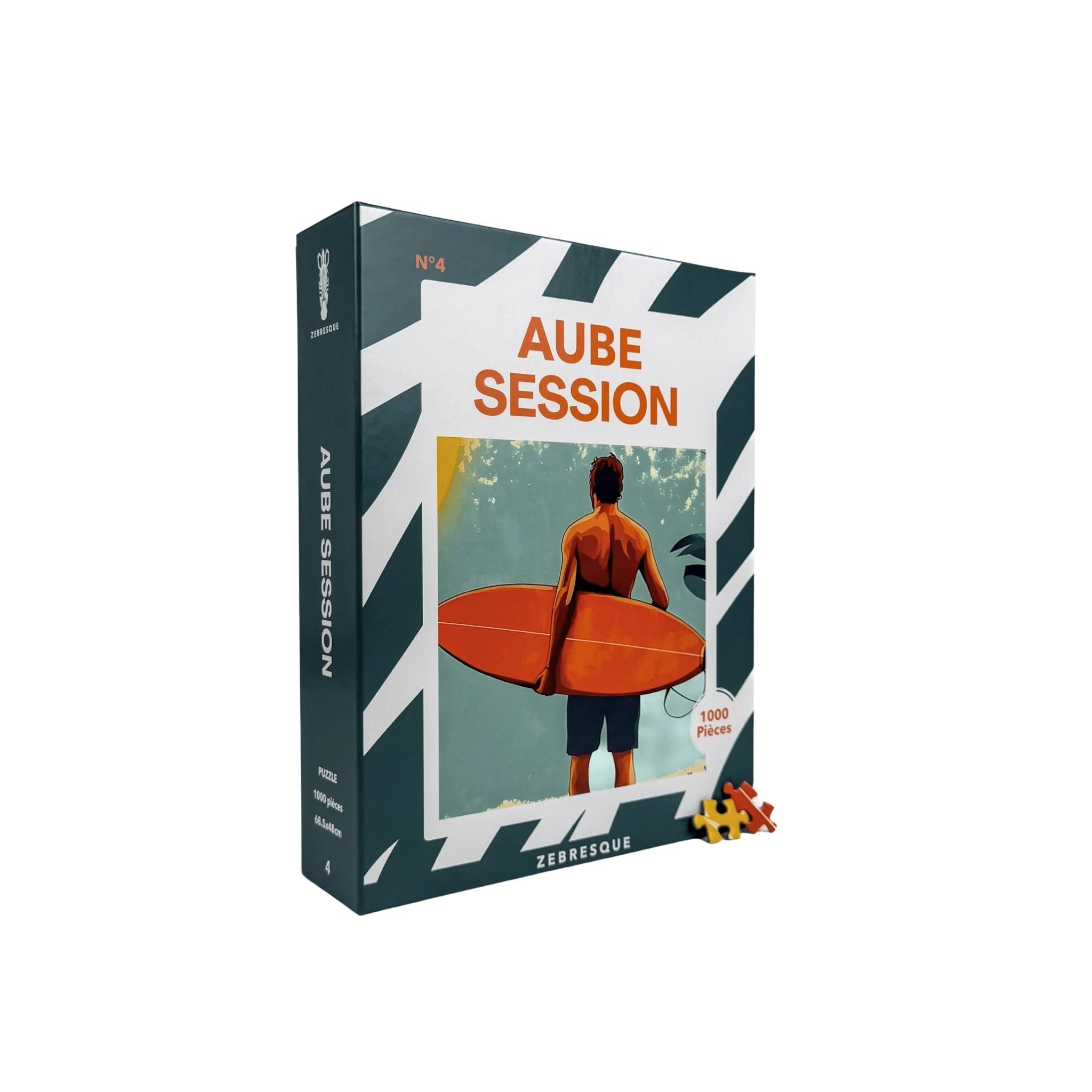 Boîte du puzzle adulte 1000 pièces ZEBRESQUE « Aube Session » fabriqué en France avec illustration d’un surfeur tenant une planche de surf devant l'ocean à l'aube