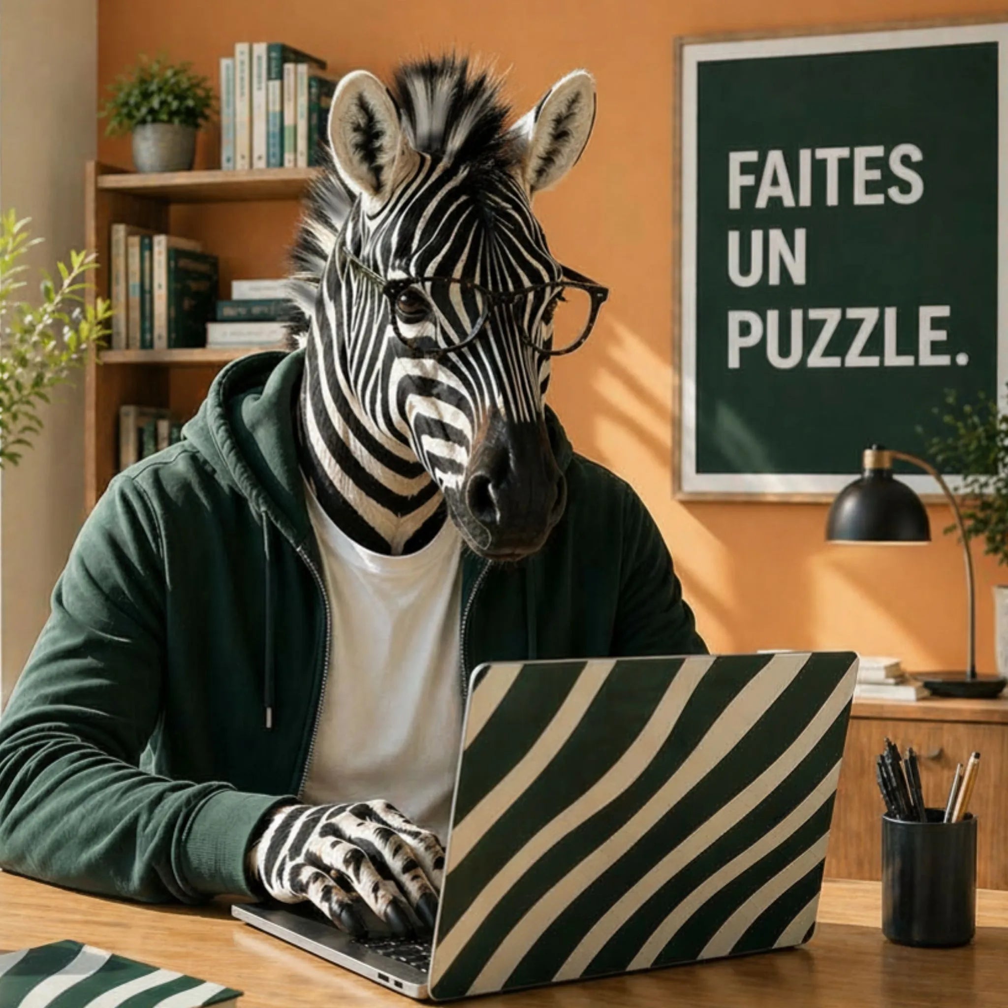 Zebre ZEBRESQUE écrit des articles de blog sur l'éloge des puzzles adultes sur son ordinateur pour la marque ZEBRESQUE fabriquée en France