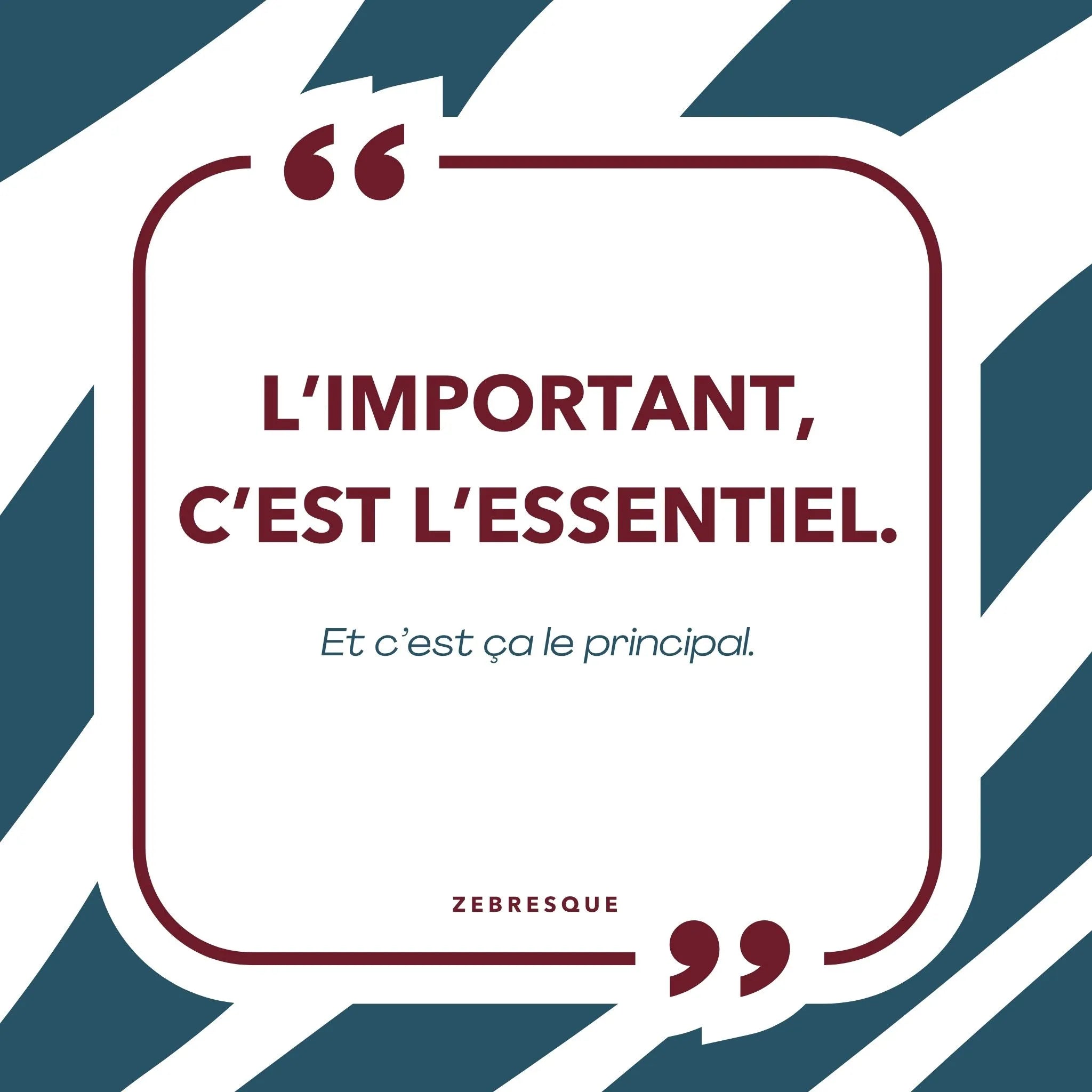 Carte postale originale avec phrase décalée « l’important c’est l’essentiel », design graphique minimaliste, papeterie française créative de la marque de puzzle premium pour adulte zebresque