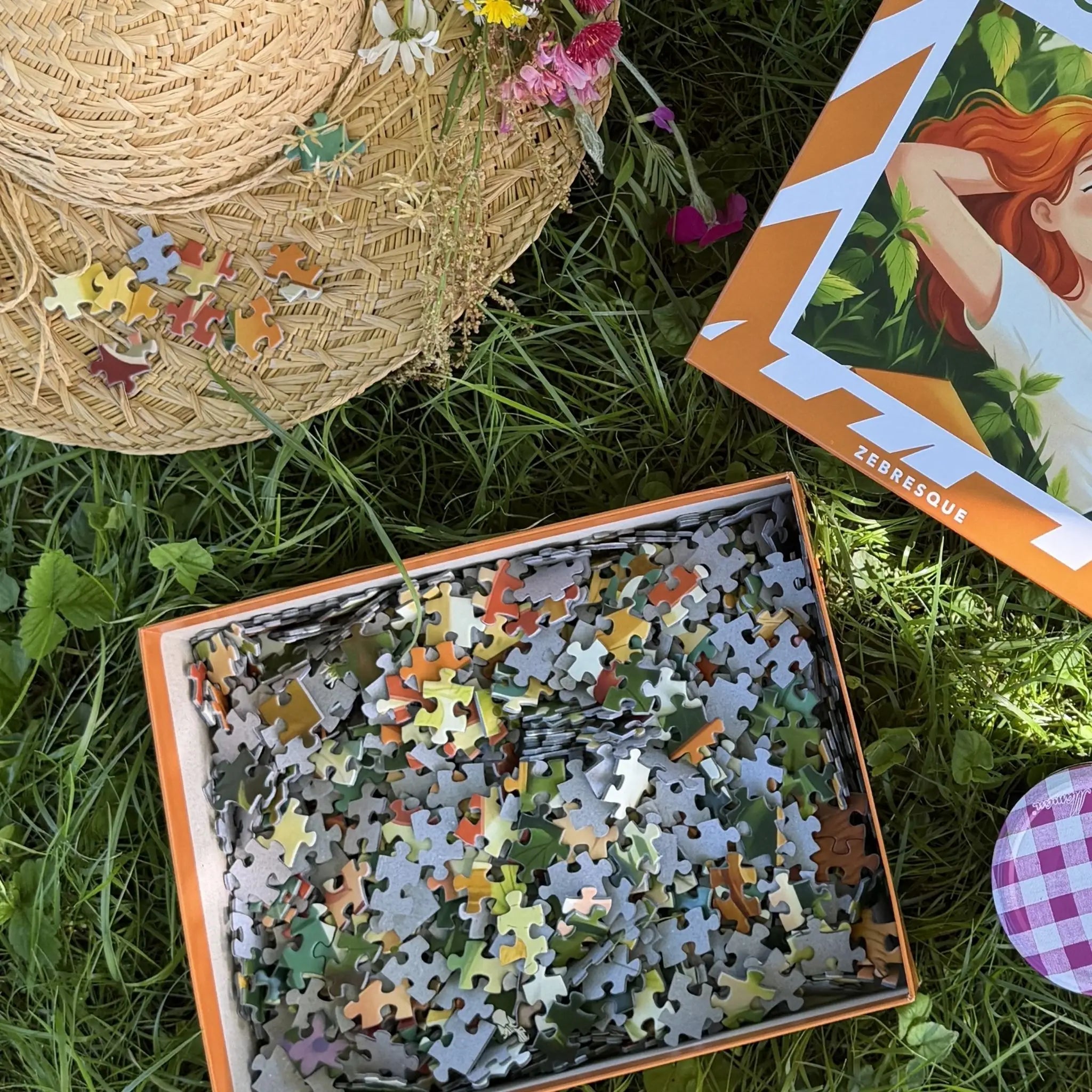 Boîte ouverte du puzzle adulte 1000 pièces ZEBRESQUE “M’aimer dans les orties” posée dans l’herbe avec pièces de puzzle colorées, chapeau en osier et fleurs sauvages dans une ambiance estivale et nature.