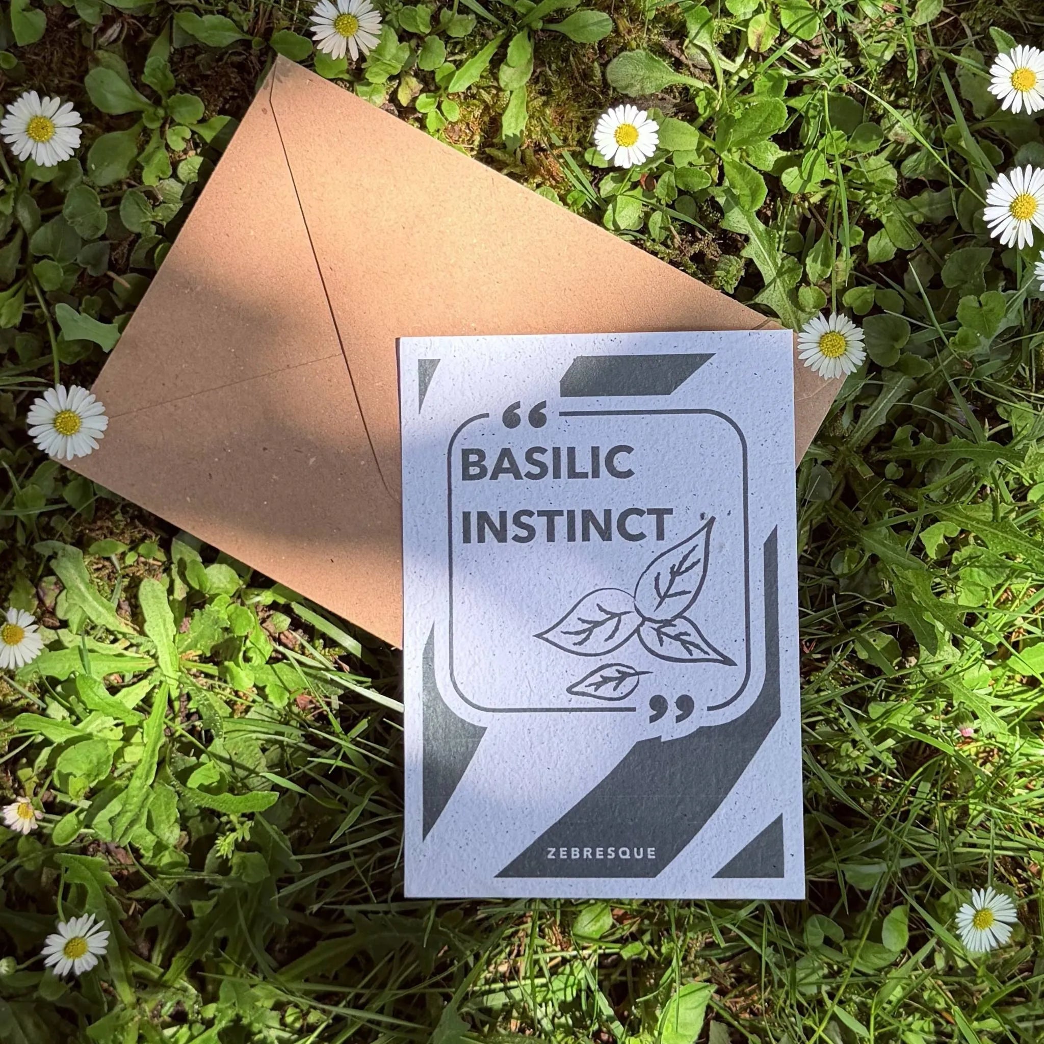 Carte à planter “Basilic instinct” posée dans l’herbe avec enveloppe kraft, imprimée sur papier recyclé contenant des graines de basilic. Papeterie à planter ZEBRESQUE inspirée des univers calmes, sensibles et créatifs.