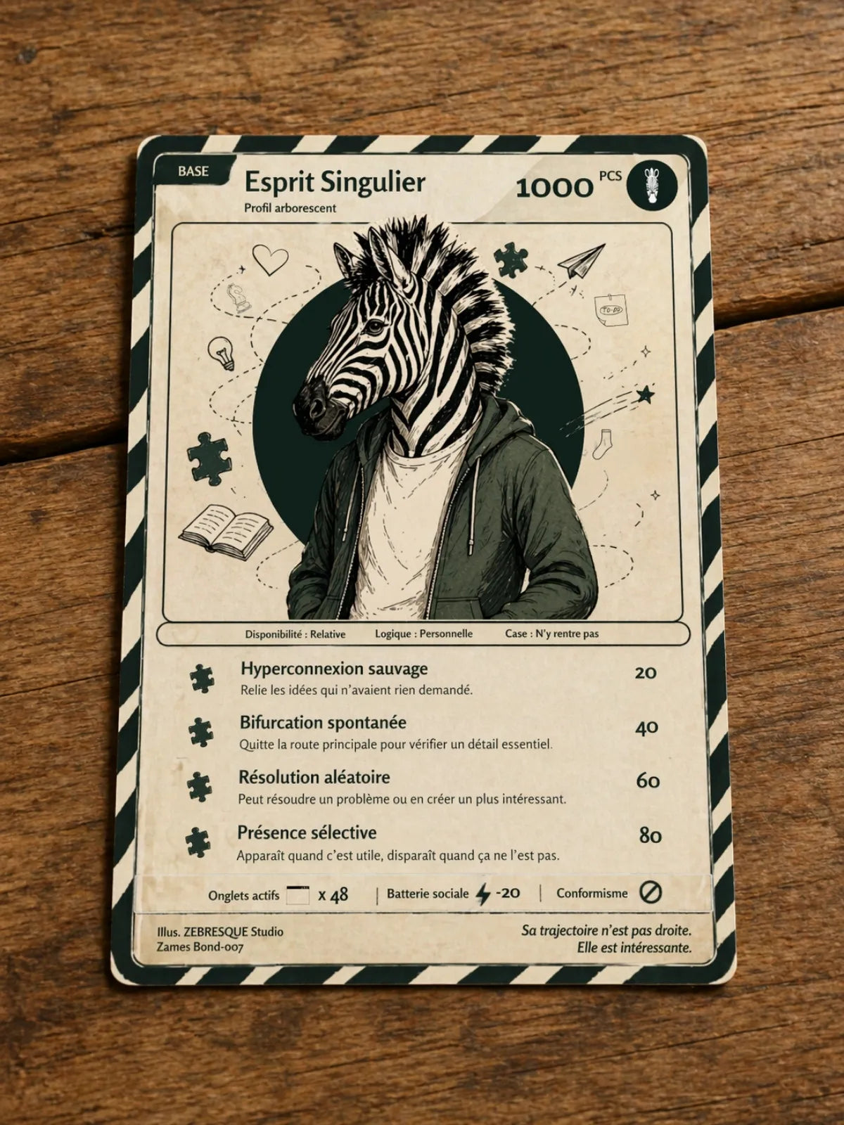 Carte illustrée “Esprit singulier” représentant un personnage à tête de zèbre avec des pensées arborescentes, symbole d’une manière différente de penser et de relier les idées, dans l’univers du puzzle original pour adulte ZEBRESQUE.