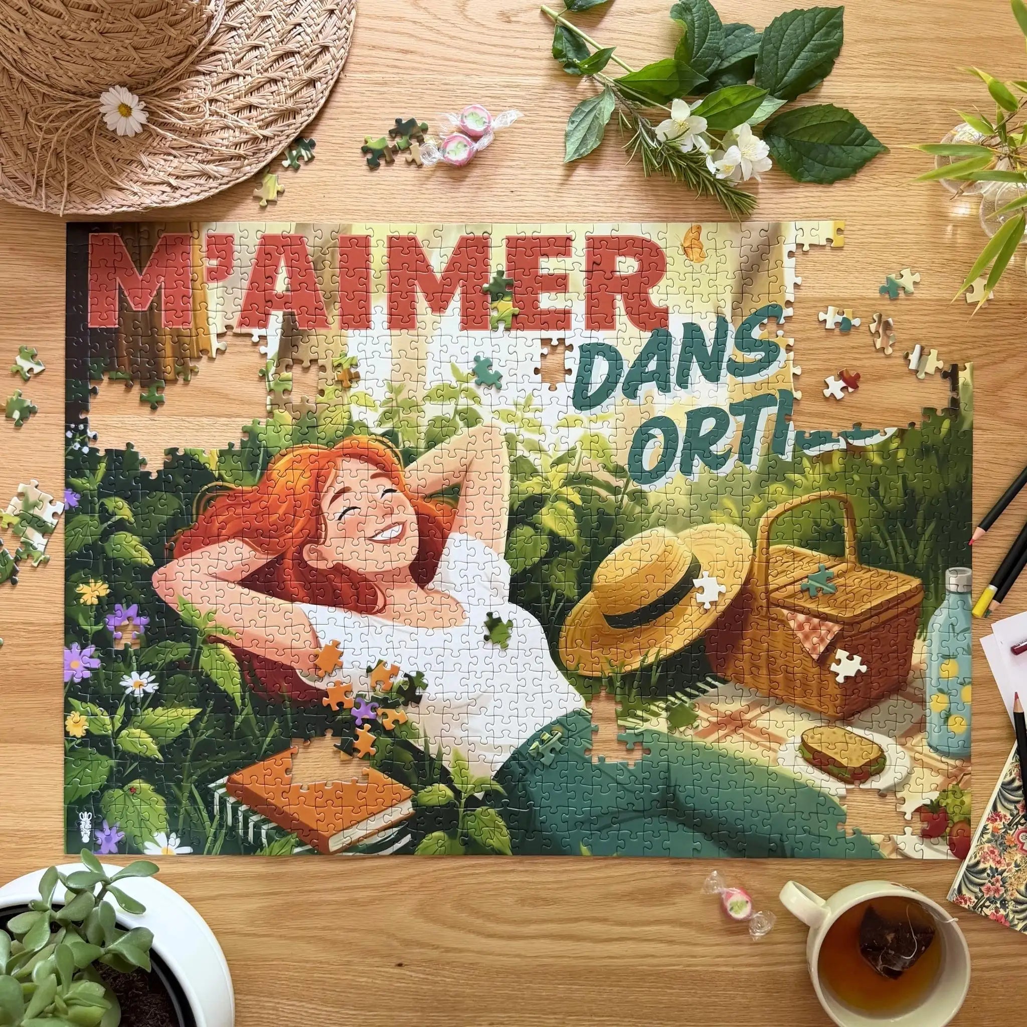 Puzzle adulte 1000 pièces ZEBRESQUE “Mamie dans les orties” photographié dans une ambiance slow life lumineuse et naturelle. Un puzzle fabriqué en France mêlant illustration rétro, humour décalé et moment de calme sans écran.