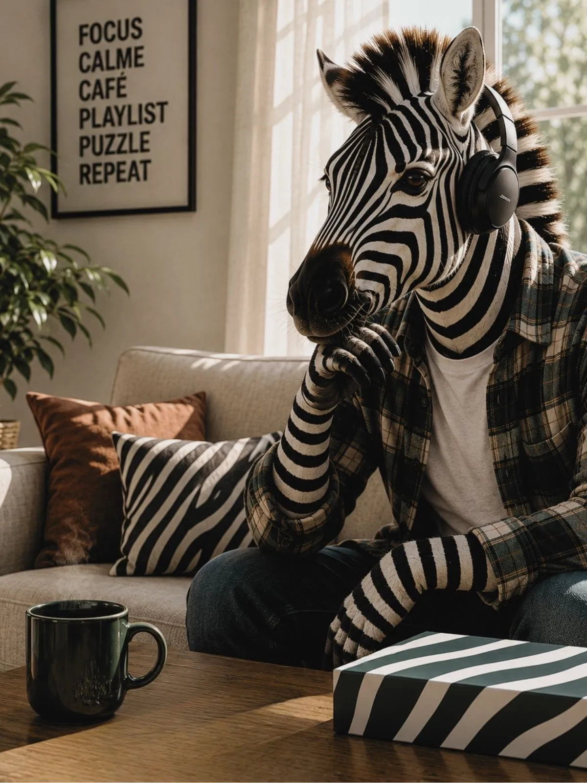 Zèbre ZEBRESQUE portant un casque audio dans une ambiance cosy et lumineuse autour du puzzle adulte de 1000 pièces. Une scène lifestyle entre playlist calme, café, réflexion excessive et besoin de faire un puzzle original.