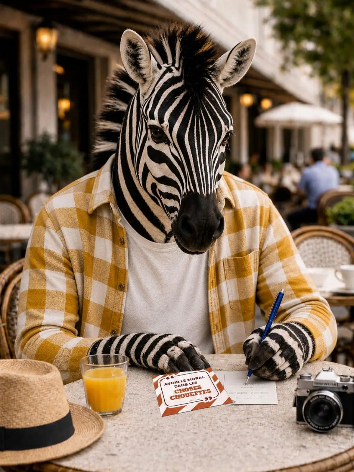 Carte postale ZEBRESQUE écrite à la main dans un café, illustrant un univers poétique, décalé et sensible autour des mots et des petites attentions.