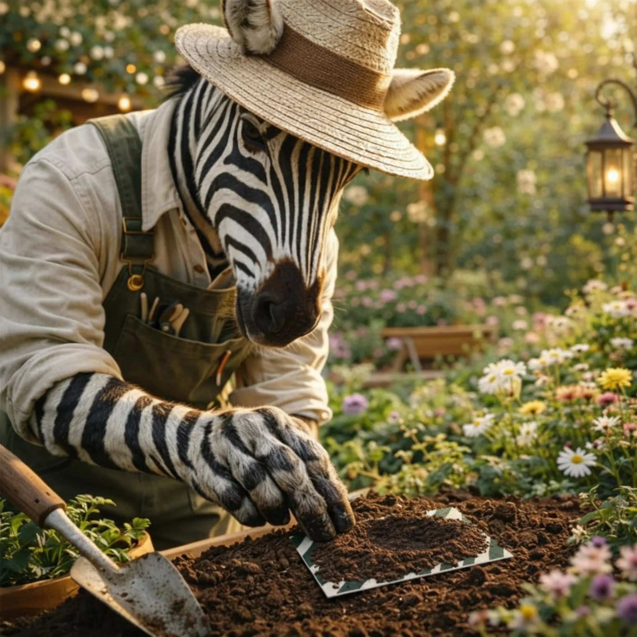 Zèbre plantant une carte à planter ensemencée au graines de papeterie écologique et originale et créative dans son jardin de la marque de puzzle zebresque fabriquée en France