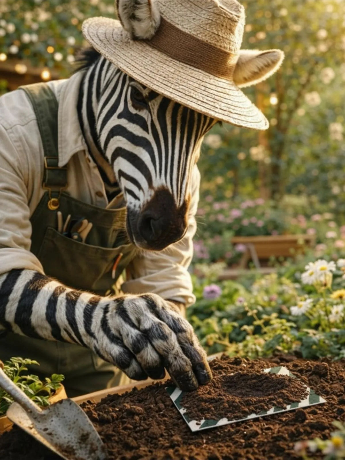 Zèbre plantant une carte à planter ensemencée aux graines de fleurs en papeterie écologique et originale et créative dans son jardin de la marque de puzzle zebresque fabriquée en France