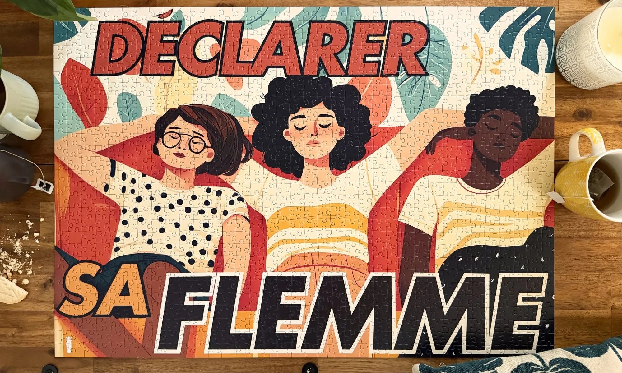 Puzzle adulte 1000 pièces ZEBRESQUE « Déclarer sa flemme » entièrement assemblé sur une table en bois avec thé, plante et biscuits dans une ambiance cocooning et activité calme à la maison